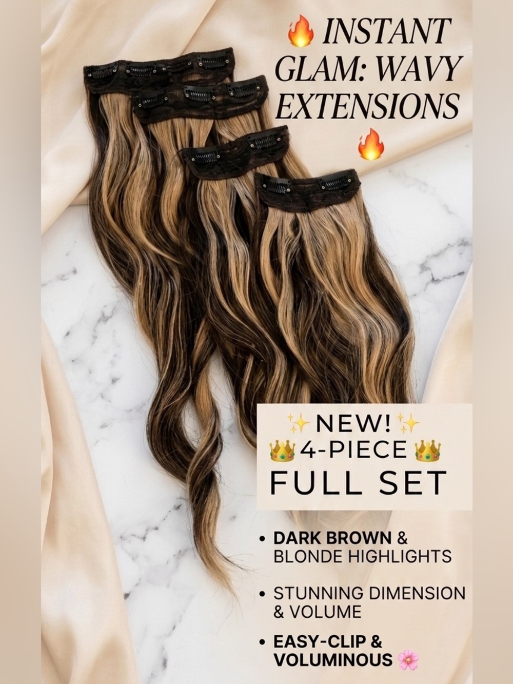 4-Piece 22-Inch Wavy Clip-In Hair Extensions - Dark Brown with Blonde Highlights